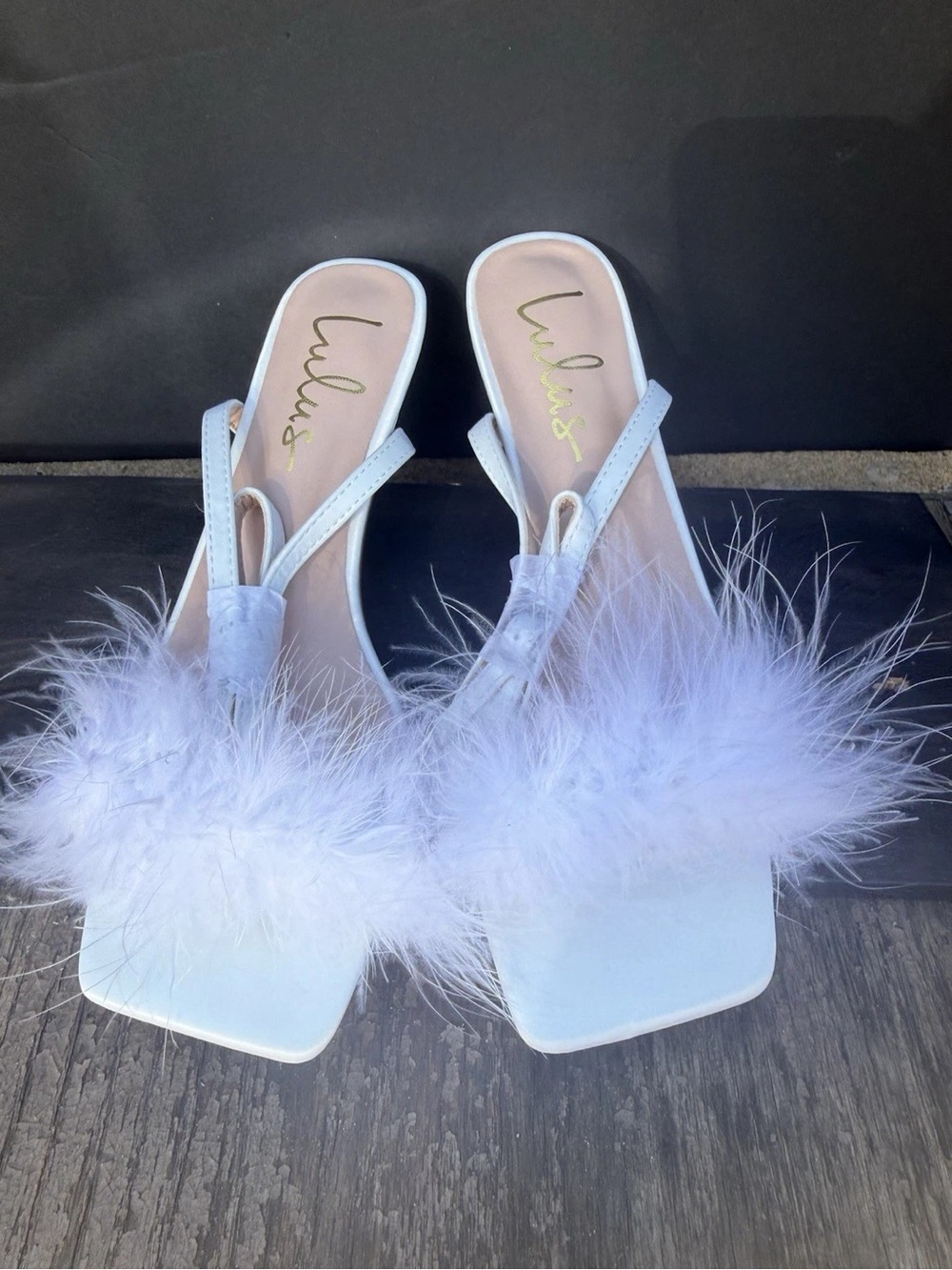Lulu's White Feather Strap Slide Heels